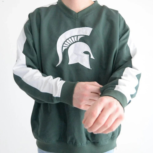 Vintage 90's Y2K Knights Apparel Green & White Michigan Spartans V-neck Pullover - Picture 2 of 13